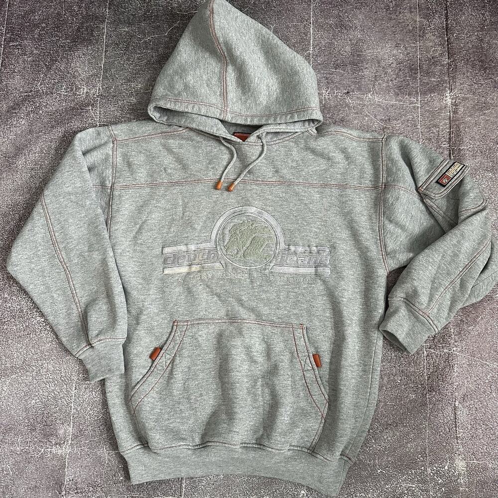 Men's Vintage Y2K Clench Jeans Heather Gray Hoodie Pullover Sweatshirt Sz M VTG